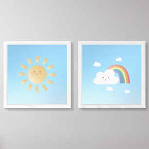Happy Cute Rainbow Sunshine and Clouds Nursery Wall Art Sets
