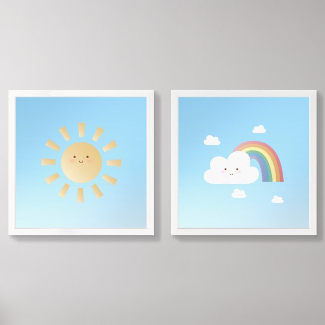 Happy Cute Rainbow Sunshine and Clouds Nursery Wall Art Sets (Front)