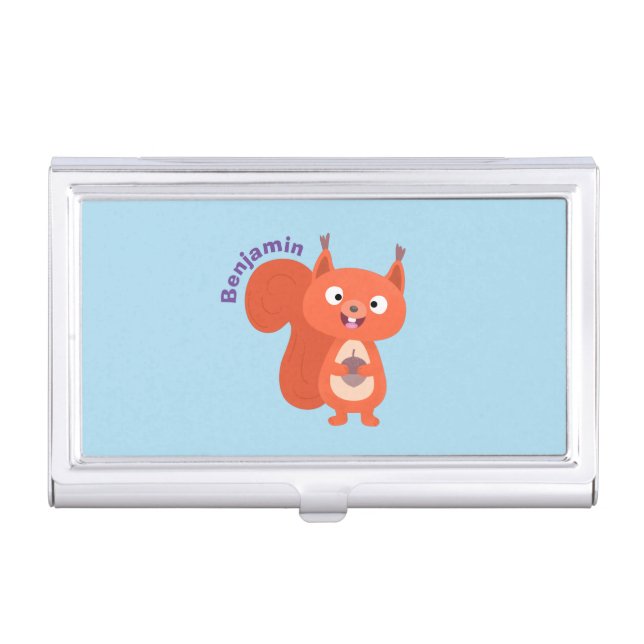 Happy cute red squirrel cartoon illustration business card case (Front)