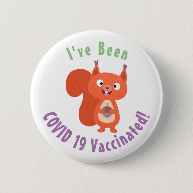 Happy cute red squirrel cartoon illustration button (Front)