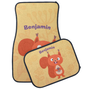 Happy cute red squirrel cartoon illustration  car floor mat