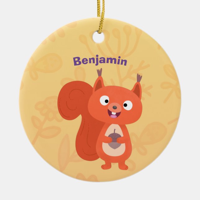 Happy cute red squirrel cartoon illustration ceramic ornament (Front)
