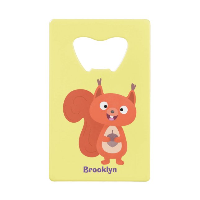 Happy cute red squirrel cartoon illustration credit card bottle opener (Front)