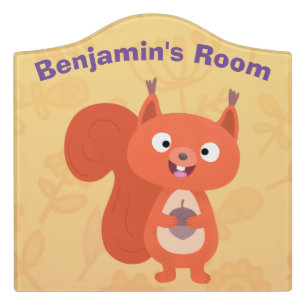 Happy cute red squirrel cartoon illustration door sign