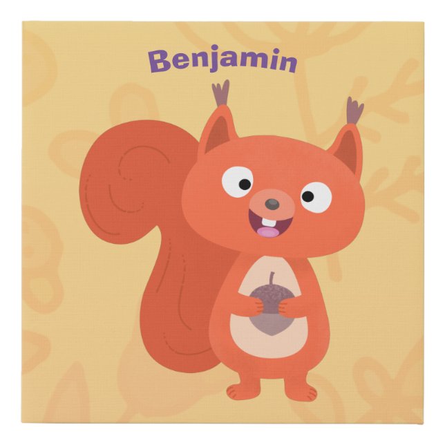 Happy cute red squirrel cartoon illustration faux canvas print (Front)