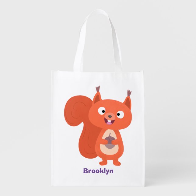 Happy cute red squirrel cartoon illustration grocery bag (Front)
