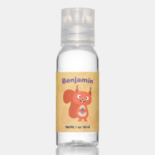 Happy cute red squirrel cartoon illustration hand sanitizer