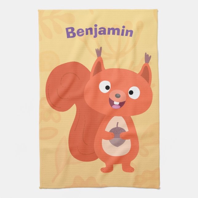 Happy cute red squirrel cartoon illustration kitchen towel (Vertical)
