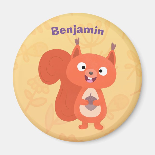 Happy cute red squirrel cartoon illustration magnet (Front)