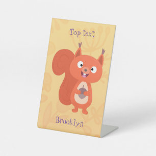 Happy cute red squirrel cartoon illustration pedestal sign