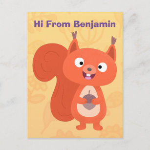 Happy cute red squirrel cartoon illustration postcard