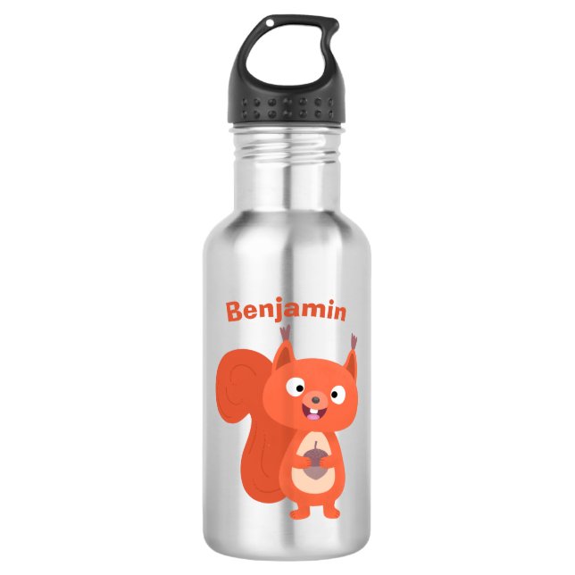 Happy cute red squirrel cartoon illustration stainless steel water bottle (Front)