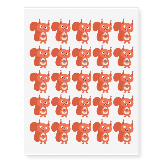 Happy cute red squirrel cartoon illustration temporary tattoos (Front)