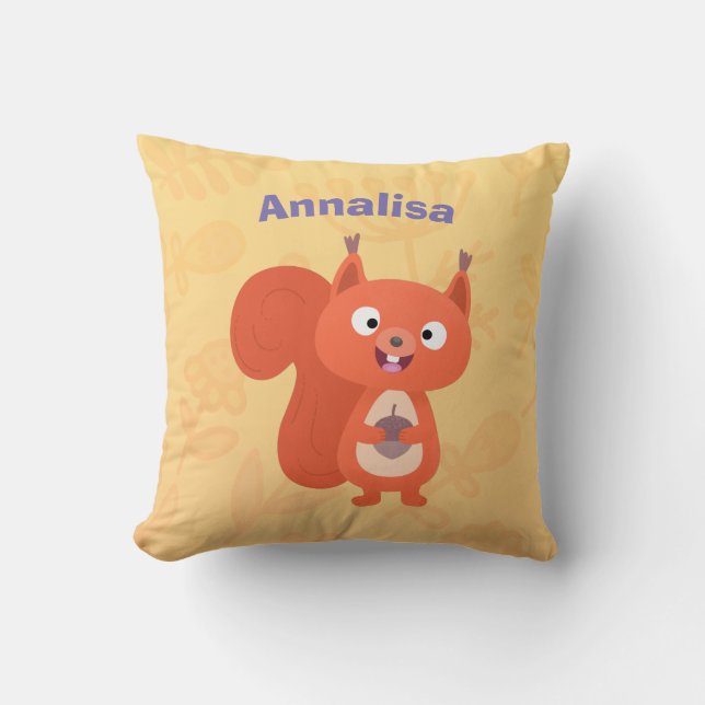Happy cute red squirrel cartoon illustration throw pillow (Front)