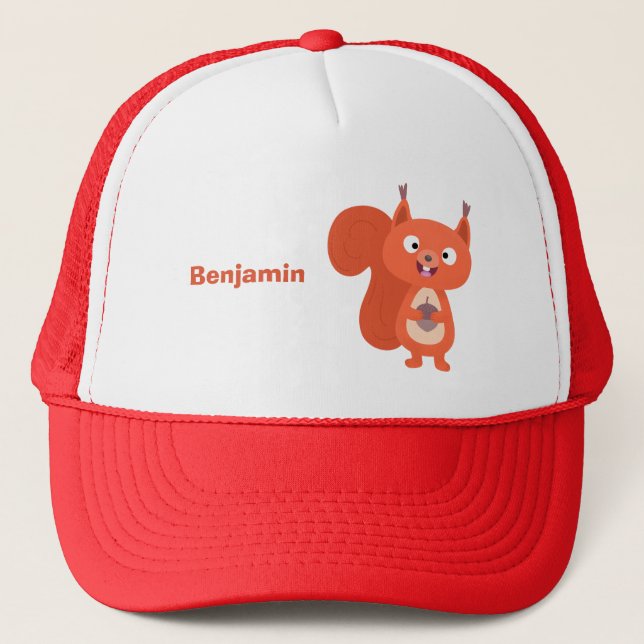 Happy cute red squirrel cartoon illustration trucker hat (Front)