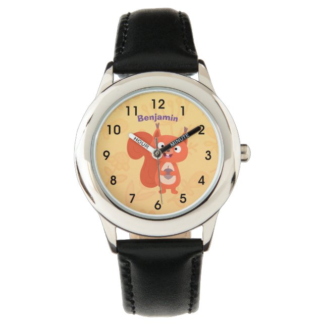 Happy cute red squirrel cartoon illustration watch (Front)