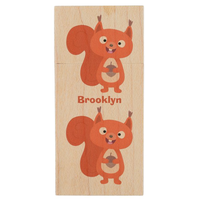 Happy cute red squirrel cartoon illustration wood flash drive (Front Vertical)