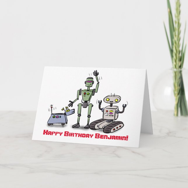 Happy cute robots cartoon birthday card (Front)