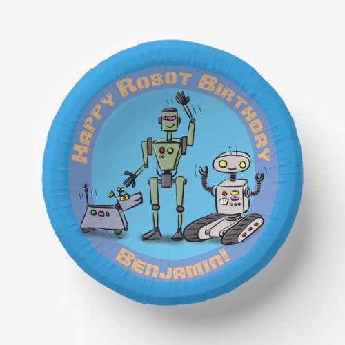 Happy cute robots cartoon birthday paper bowls