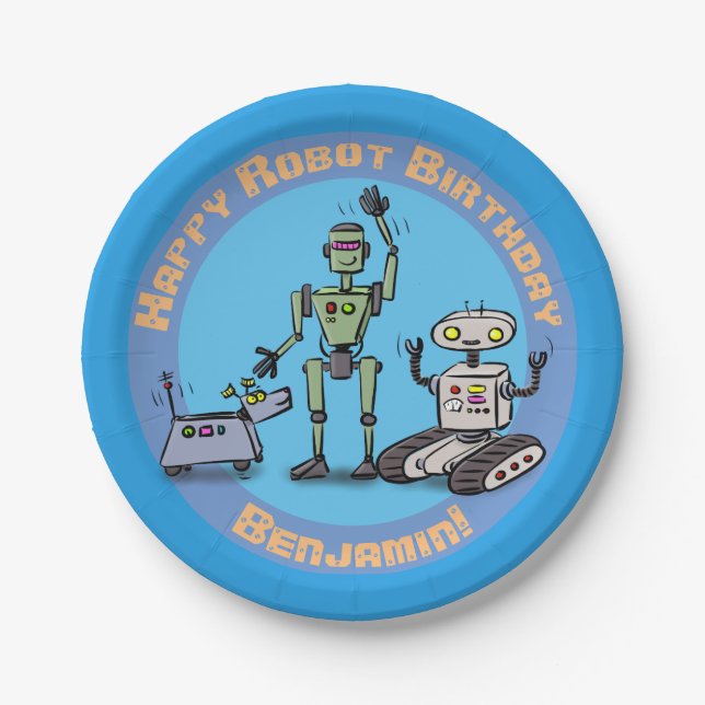 Happy cute robots cartoon birthday paper plates (Front)
