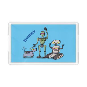 Happy cute robots trio cartoon acrylic tray