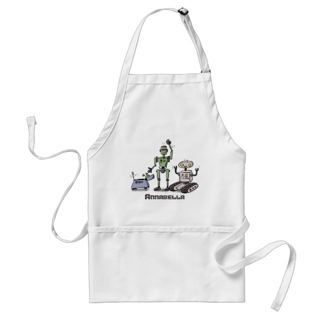 Happy cute robots trio cartoon adult apron (Front)