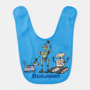 Happy cute robots trio cartoon baby bib