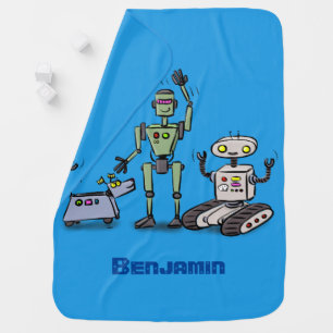 Happy cute robots trio cartoon baby blanket