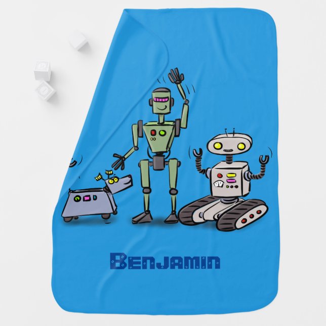 Happy cute robots trio cartoon baby blanket (In Situ)