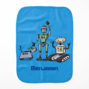 Happy cute robots trio cartoon baby burp cloth