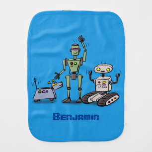 Happy cute robots trio cartoon baby burp cloth