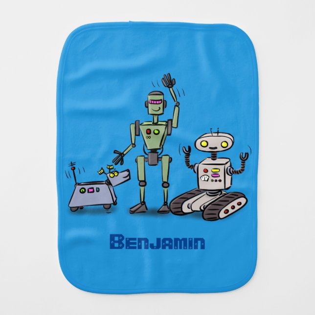 Happy cute robots trio cartoon baby burp cloth (Front)