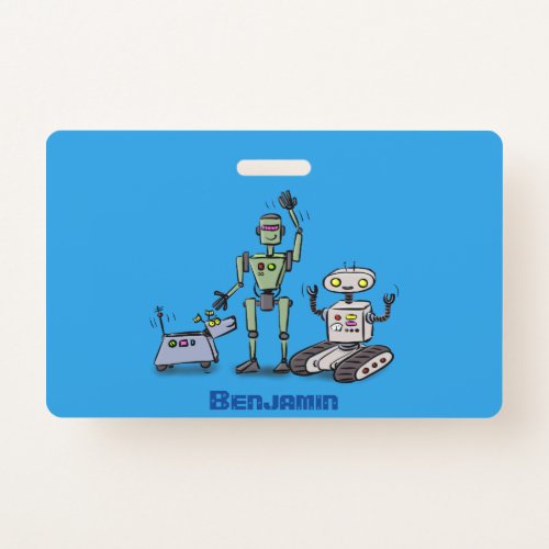 Happy cute robots trio cartoon badge