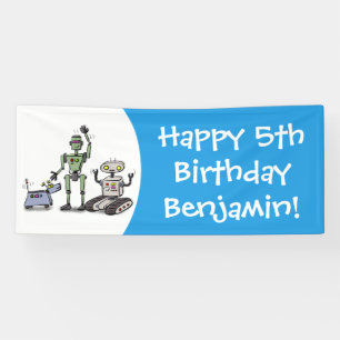 Happy cute robots trio cartoon banner