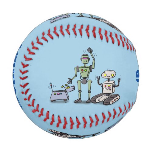Happy cute robots trio cartoon baseball