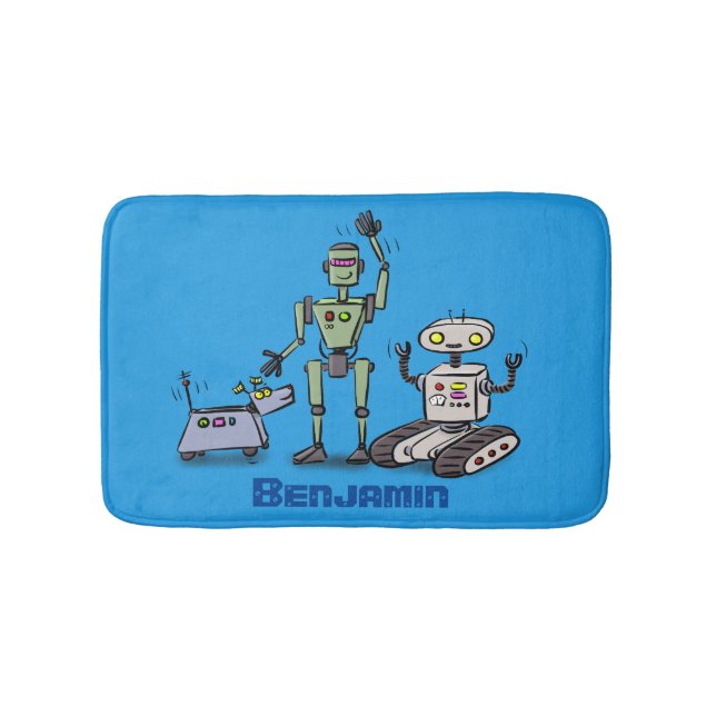 Happy cute robots trio cartoon bath mat (Front)