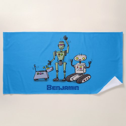 Happy cute robots trio cartoon beach towel