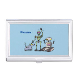 Happy cute robots trio cartoon business card case