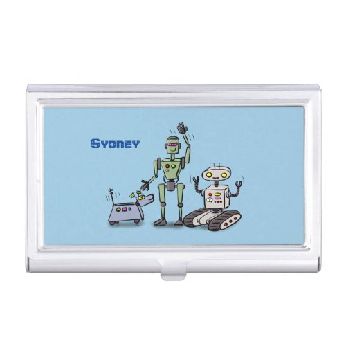 Happy cute robots trio cartoon business card case