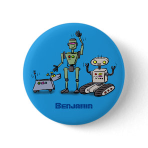 Happy cute robots trio cartoon button