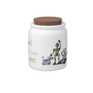 Happy cute robots trio cartoon candy jar