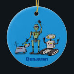 Happy cute robots trio cartoon ceramic ornament<br><div class="desc">Happy cute robots trio cartoon on blue background. Robots are cool!</div>