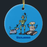 Happy cute robots trio cartoon ceramic ornament<br><div class="desc">Happy cute robots trio cartoon on blue background. Robots are cool!</div>