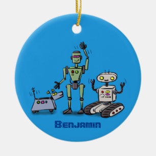 Happy cute robots trio cartoon ceramic ornament