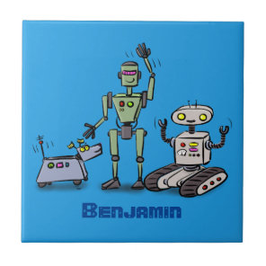Happy cute robots trio cartoon ceramic tile