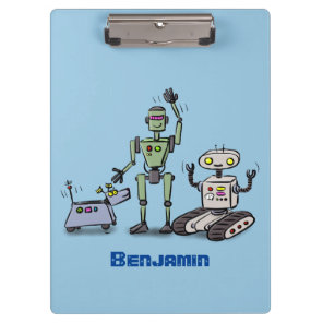 Happy cute robots trio cartoon clipboard