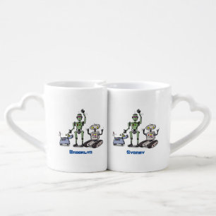 Happy cute robots trio cartoon coffee mug set