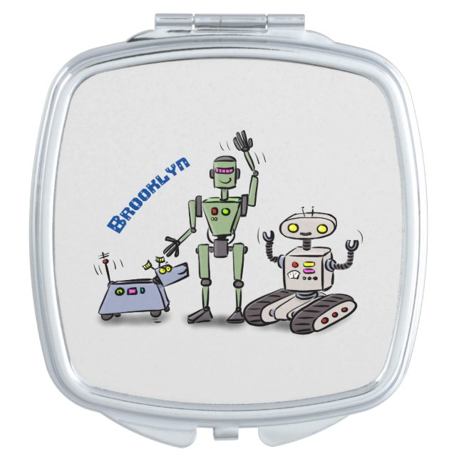 Happy cute robots trio cartoon compact mirror (Front)