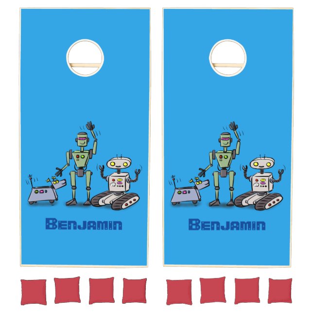 Happy cute robots trio cartoon cornhole set (Set)