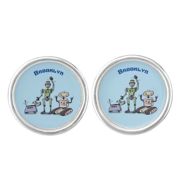 Happy cute robots trio cartoon cufflinks (Front)